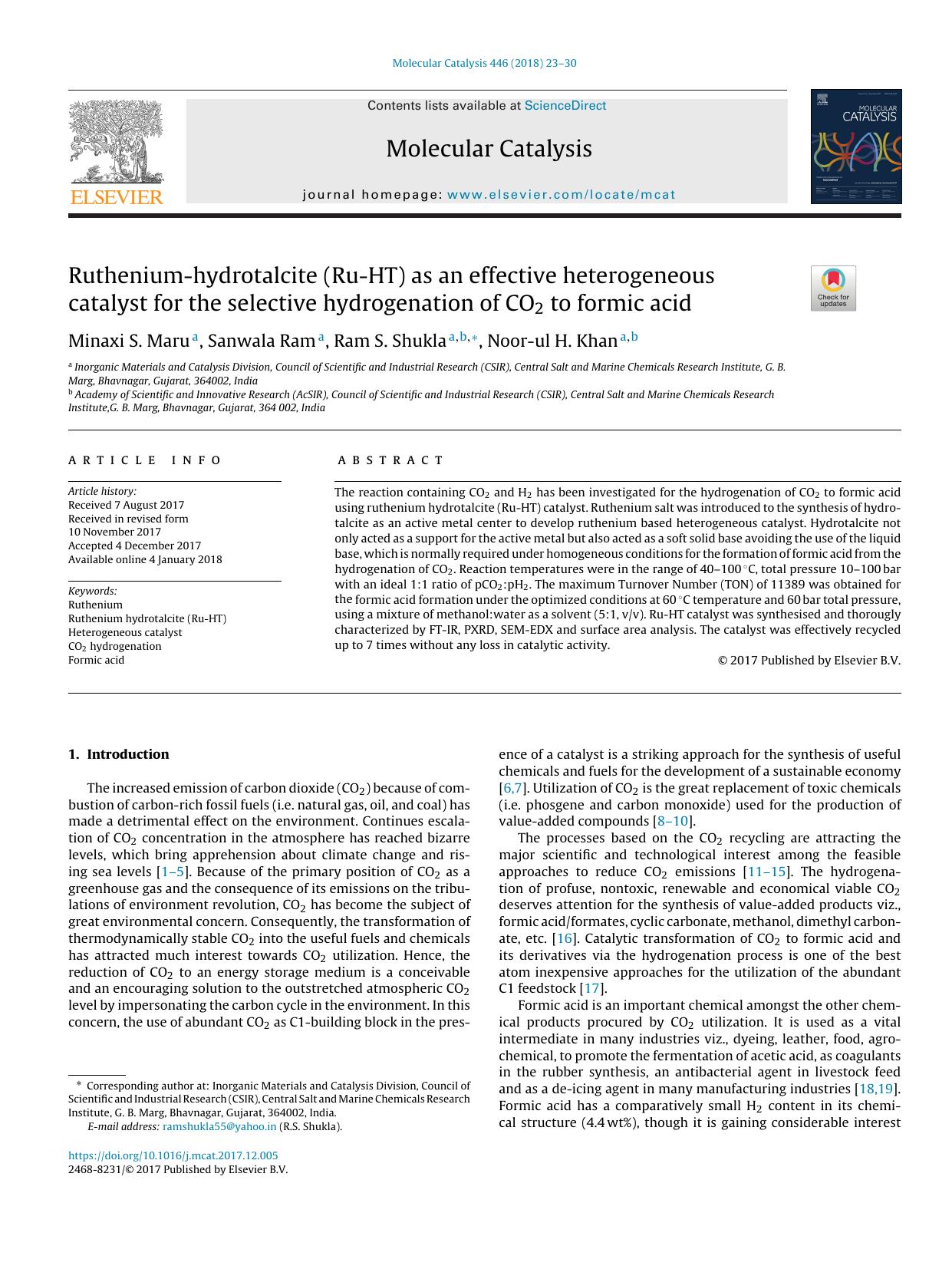 Ruthenium-hydrotalcite (Ru-HT) as an effective heterogeneous catalyst for the selective hydrogenation of CO2 to formic acid by Minaxi S. Maru & Sanwala Ram & Ram S. Shukla & Noor-ul H. Khan