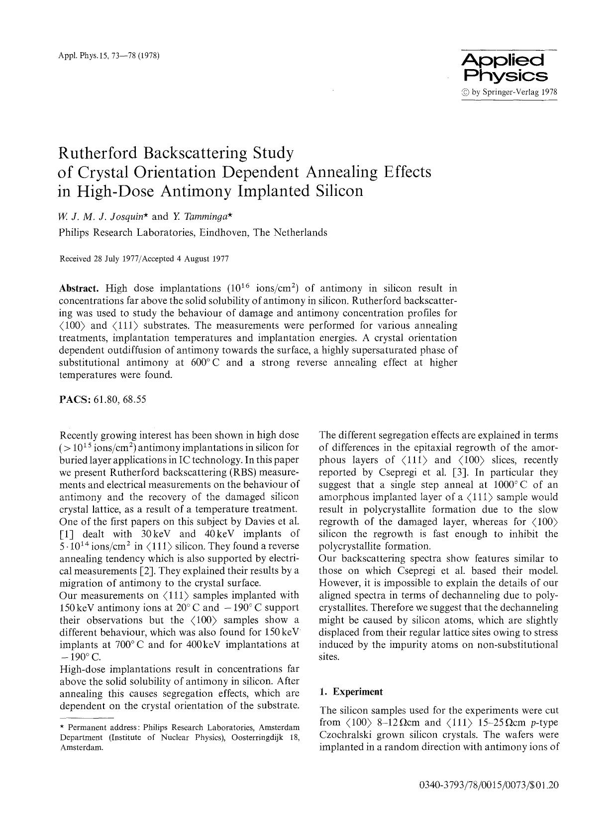 Rutherford backscattering study of crystal orientation dependent annealing effects in high-dose antimony implanted silicon by Unknown