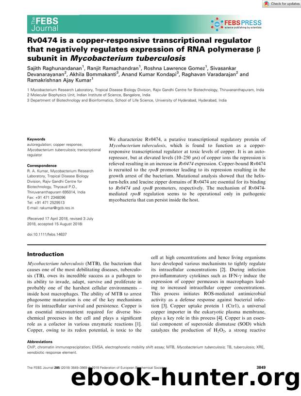 Rv0474 is a copperâresponsive transcriptional regulator that negatively regulates expression of RNA polymerase Î² subunit in Mycobacterium tuberculosis by Unknown