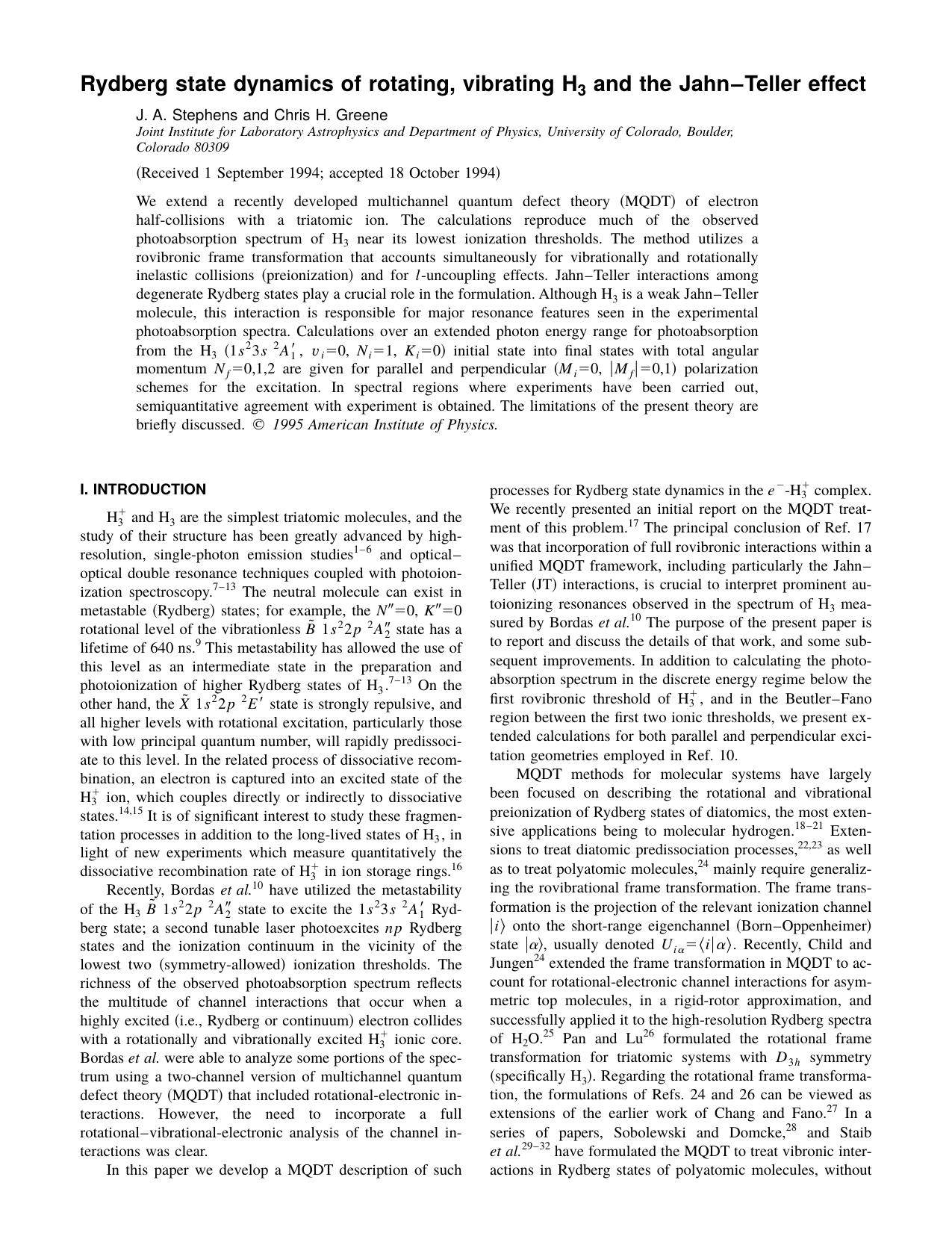 Rydberg state dynamics of rotating, vibrating H3 and the Jahn-Teller effect by J. A. Stephens and Chris H. Greene