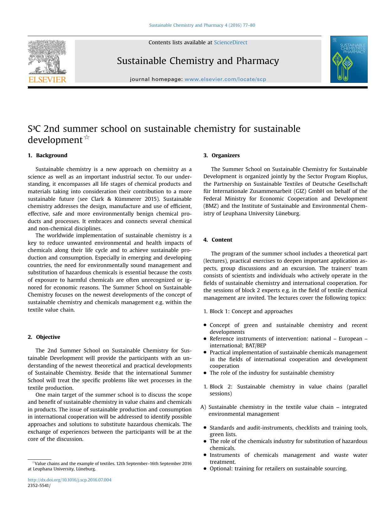 SÂ³C 2nd summer school on sustainable chemistry for sustainable development by Unknown