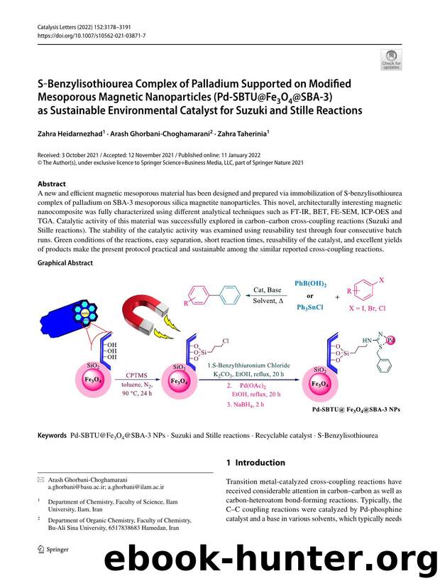 SâBenzylisothiourea Complex of Palladium Supported on Modified Mesoporous Magnetic Nanoparticles (Pd-SBTU@Fe3O4@SBA-3) as Sustainable Environmental Catalyst for Suzuki and Stille Reactions by Zahra Heidarnezhad & Arash Ghorbani-Choghamarani & Zahra Taherinia