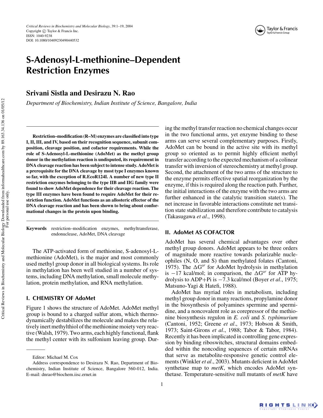 S-Adenosyl-L-methionineâDependent Restriction Enzymes by Srivani Sistla & Desirazu N. Rao
