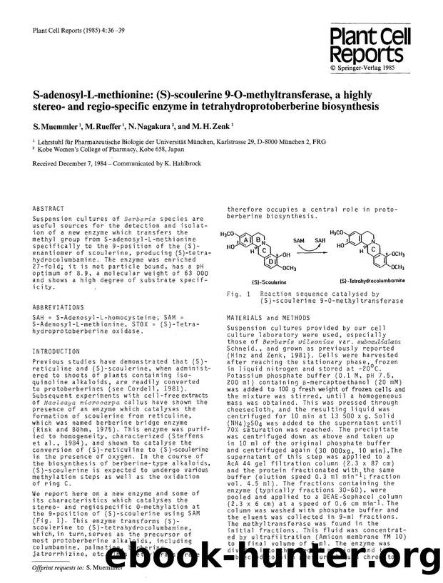 S-adenosyl-L-methionine: (S)-scoulerine 9-O-methyltransferase, a highly stereo- and regio-specific enzyme in tetrahydroprotoberberine biosynthesis by Unknown