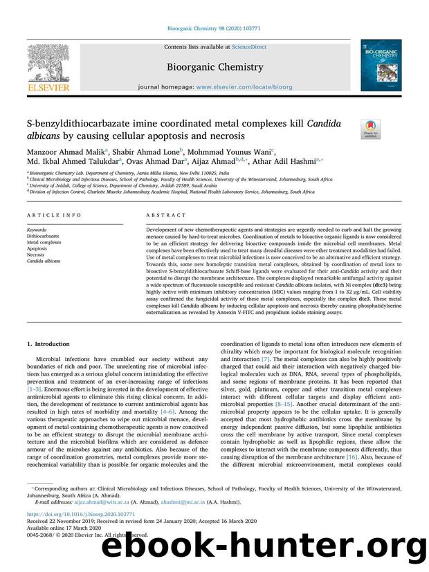 S-benzyldithiocarbazate imine coordinated metal complexes kill Candida albicans by causing cellular apoptosis and necrosis by unknow