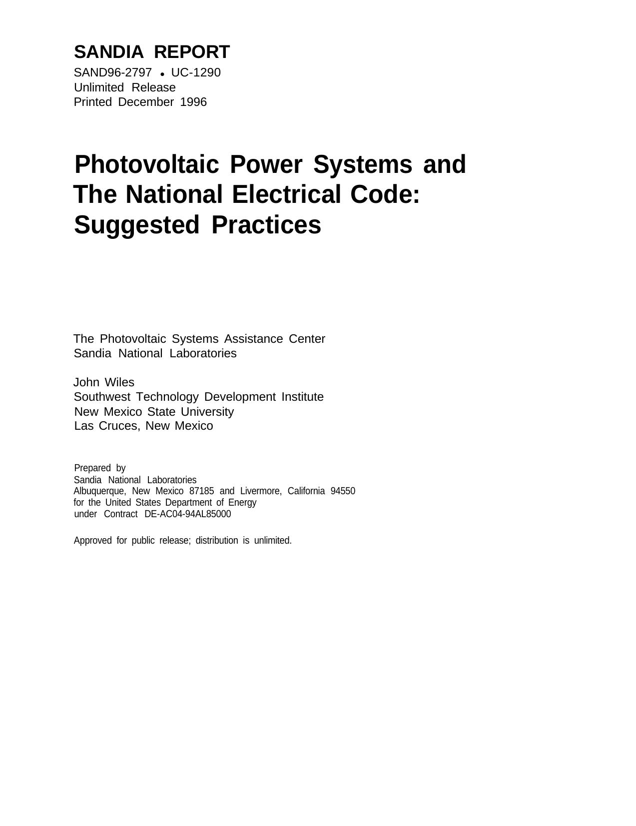 SAND96-2797 . UC-1290 Photovoltaic Power Systems and The National Code: Suggested Practices by Unknown