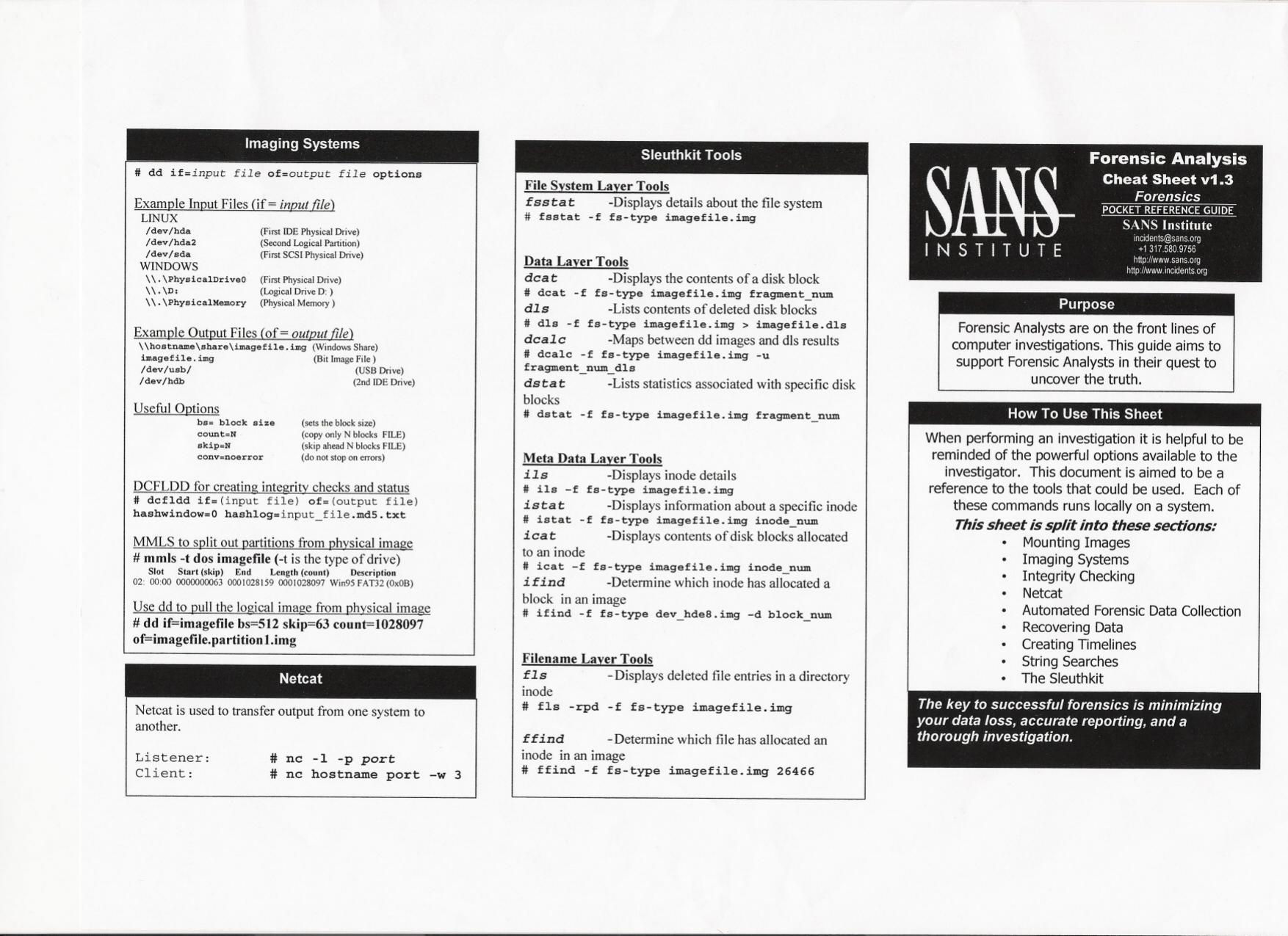 SANS Security 508 Forensic Analysis Cheat Sheet v1.3 (2008) by Unknown