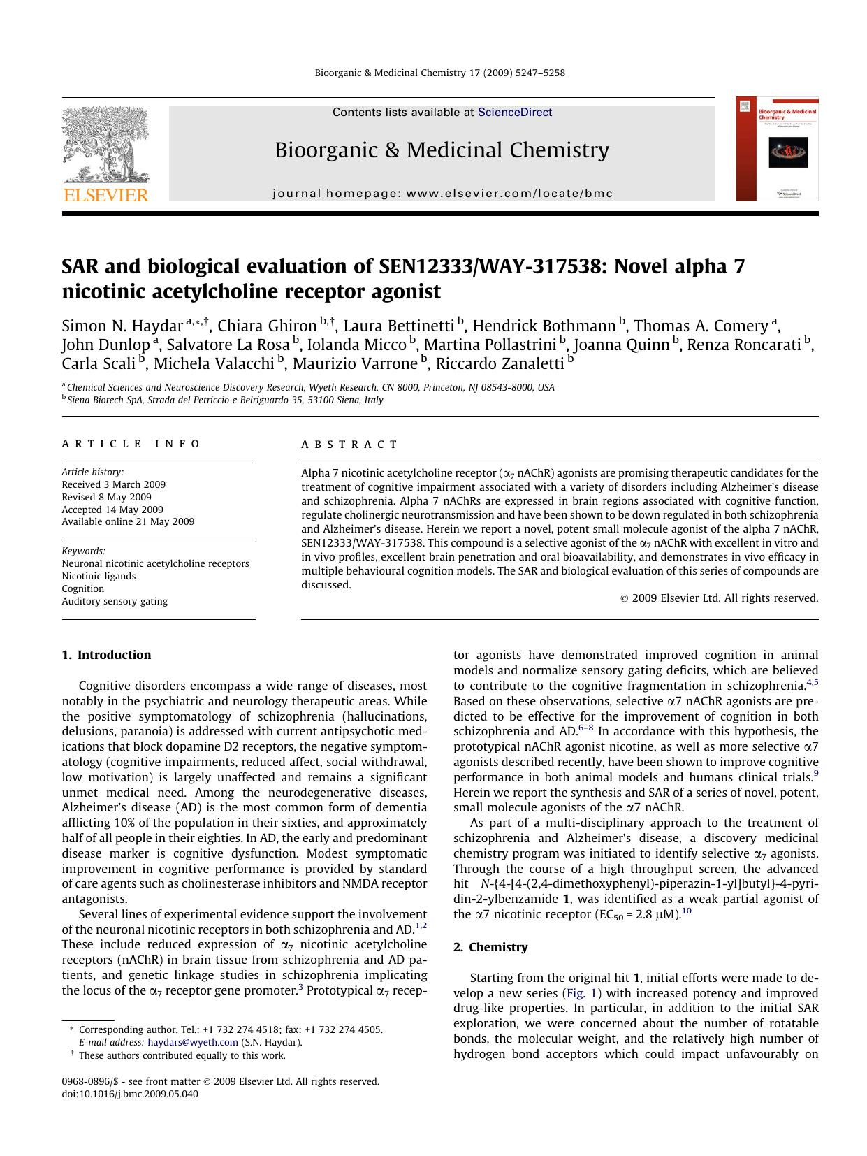 SAR and biological evaluation of SEN12333WAY-317538: Novel alpha 7 nicotinic acetylcholine receptor agonist by unknow