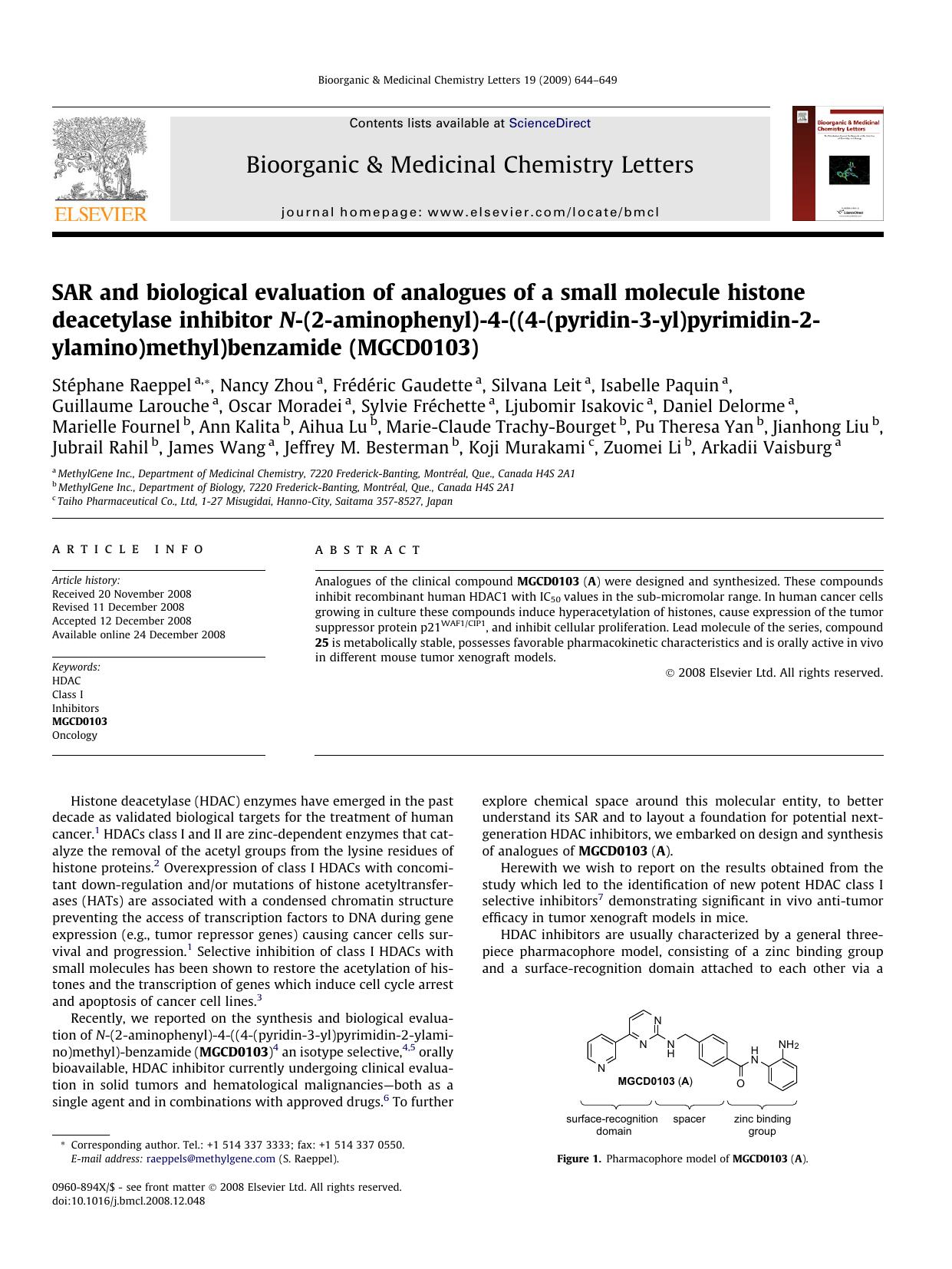 SAR and biological evaluation of analogues of a small molecule histone deacetylase inhibitor N-(2-aminophenyl)-4-((4-(pyridin-3-yl)pyrimidin-2-ylamino)methyl)benzamide (MGCD0103) by unknow