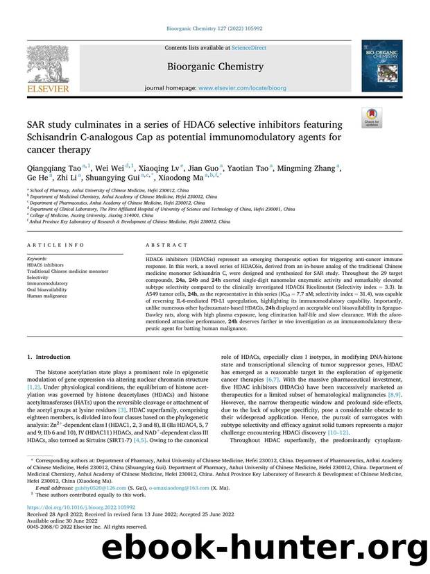 SAR study culminates in a series of HDAC6 selective inhibitors featuring Schisandrin C-analogous Cap as potential immunomodulatory agents for cancer therapy by unknow