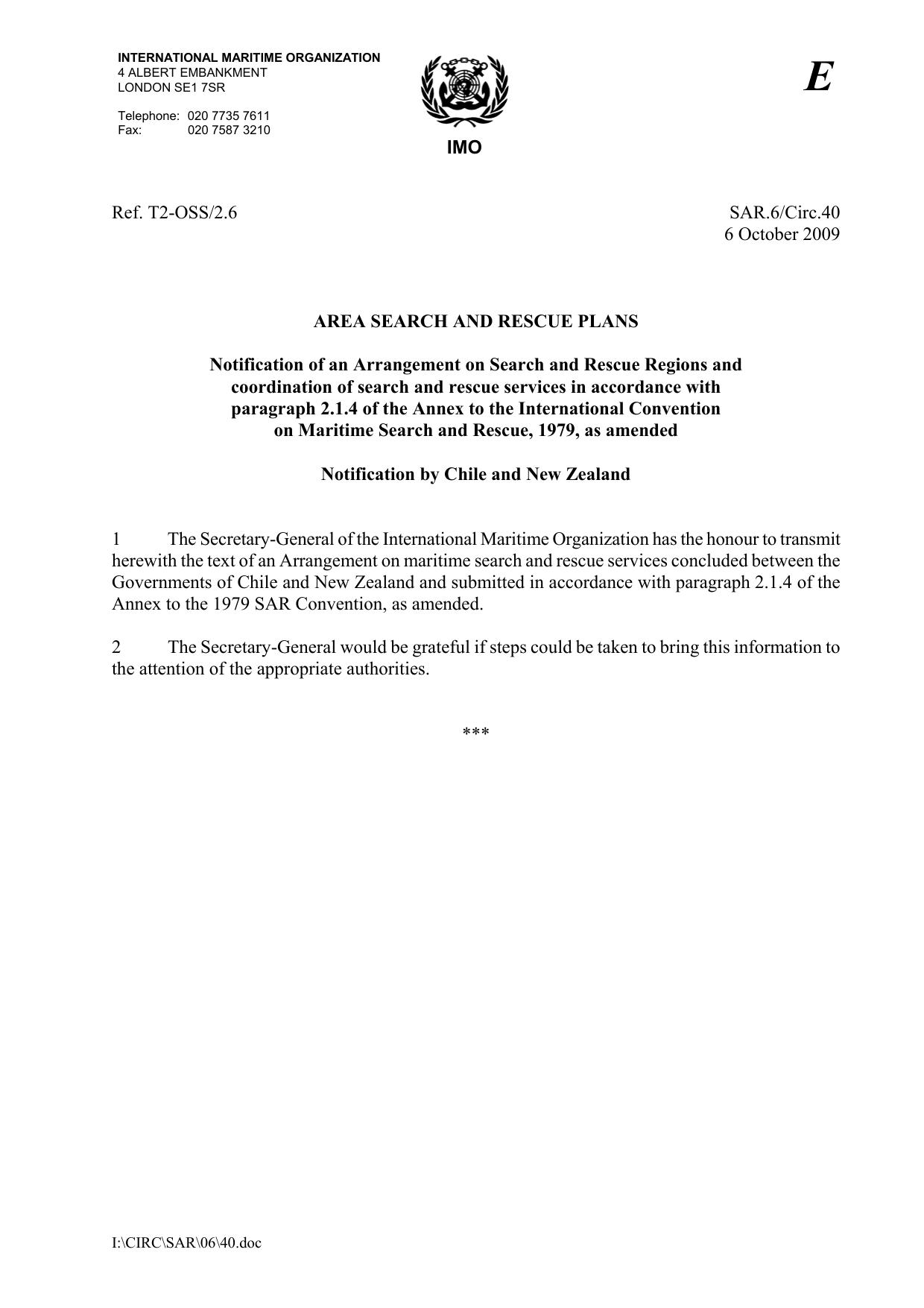 SAR.6Circ.40 - Notification of an Arrangement - Notification by Chile and New Zealand by Redistributed by Regs4ships Ltd