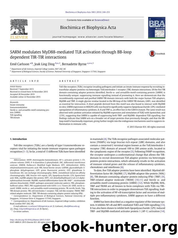 SARM modulates MyD88-mediated TLR activation through BB-loop dependent TIR-TIR interactions by Emil Carlsson & Jeak Ling Ding & Bernadette Byrne