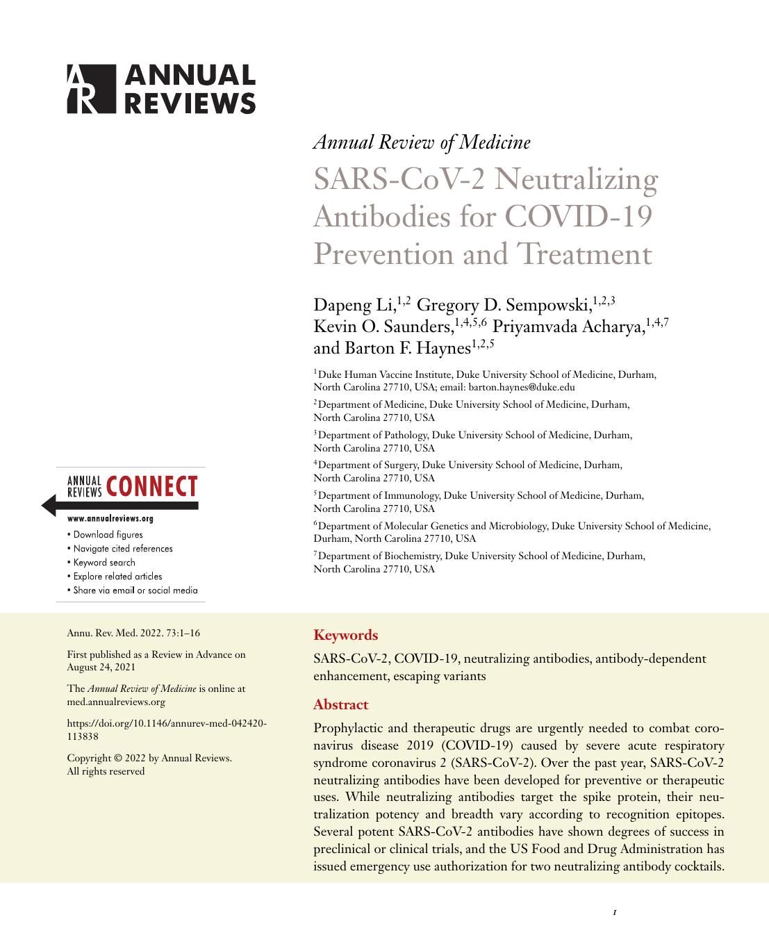 SARS-CoV-2 Neutralizing Antibodies for COVID-19 Prevention and Treatment by Dapeng Li Gregory D. Sempowski Kevin O. Saunders Priyamvada Acharya Barton F. Haynes