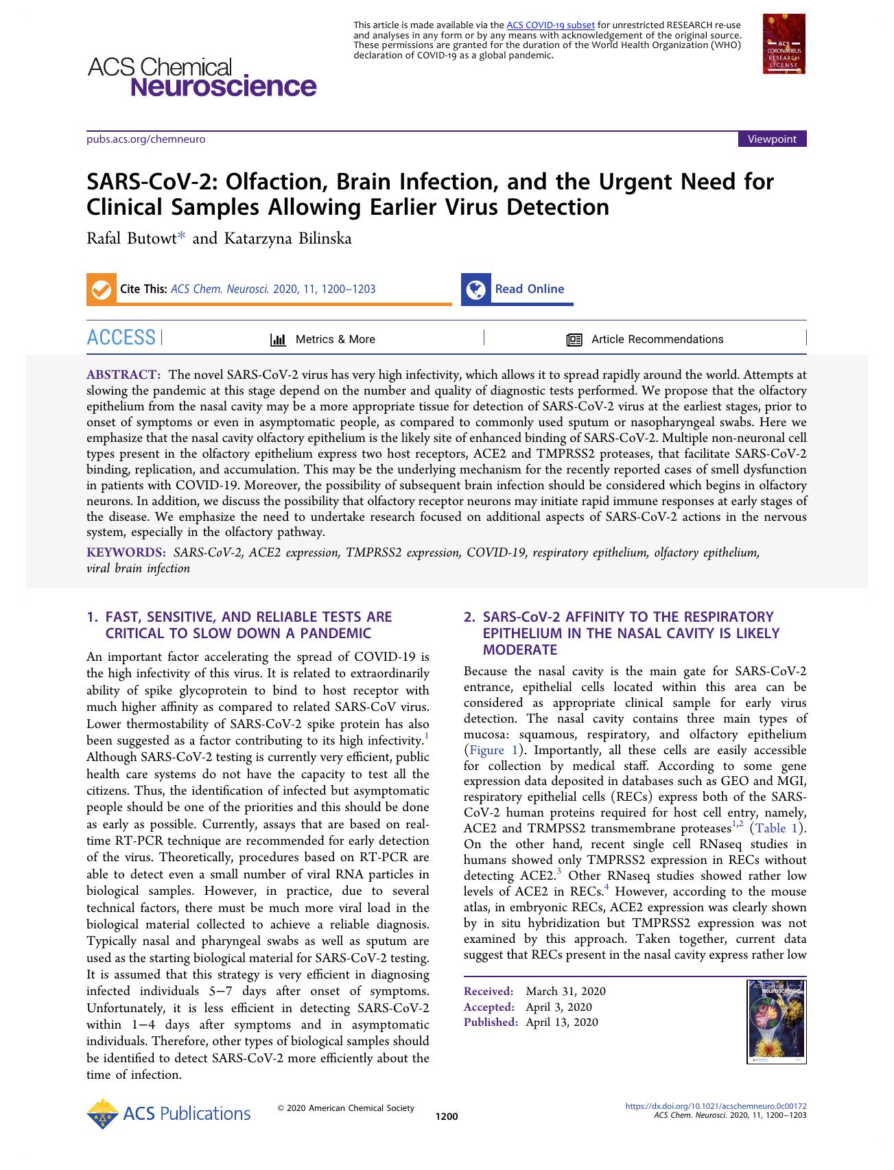 SARS-CoV-2: Olfaction, Brain Infection, and the Urgent Need for Clinical Samples Allowing Earlier Virus Detection by Rafal Butowt and Katarzyna Bilinska
