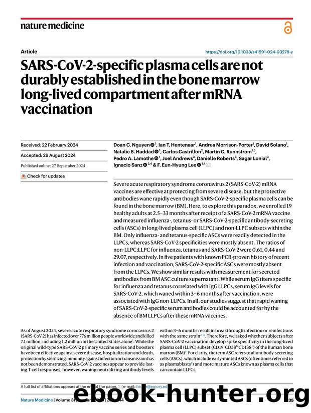 SARS-CoV-2-specific plasma cells are not durably established in the bone marrow long-lived compartment after mRNA vaccination by unknow