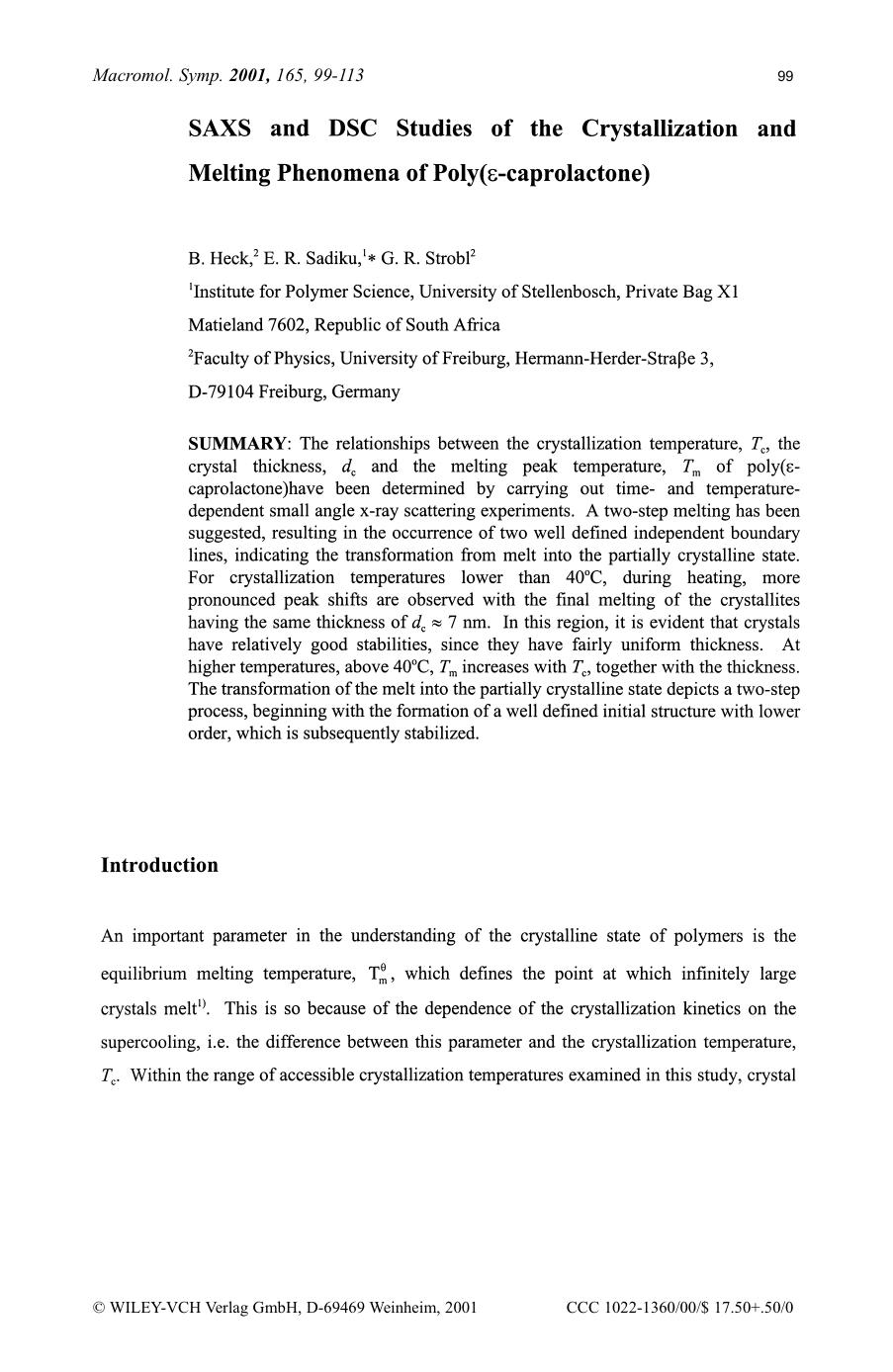 SAXS and DSC studies of the crystallization and melting phenomena of poly([egr]-caprolactone) by SOD
