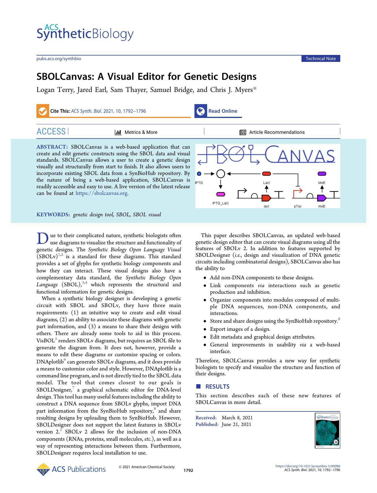 SBOLCanvas: A Visual Editor for Genetic Designs by Logan Terry Jared Earl Sam Thayer Samuel Bridge and Chris J. Myers