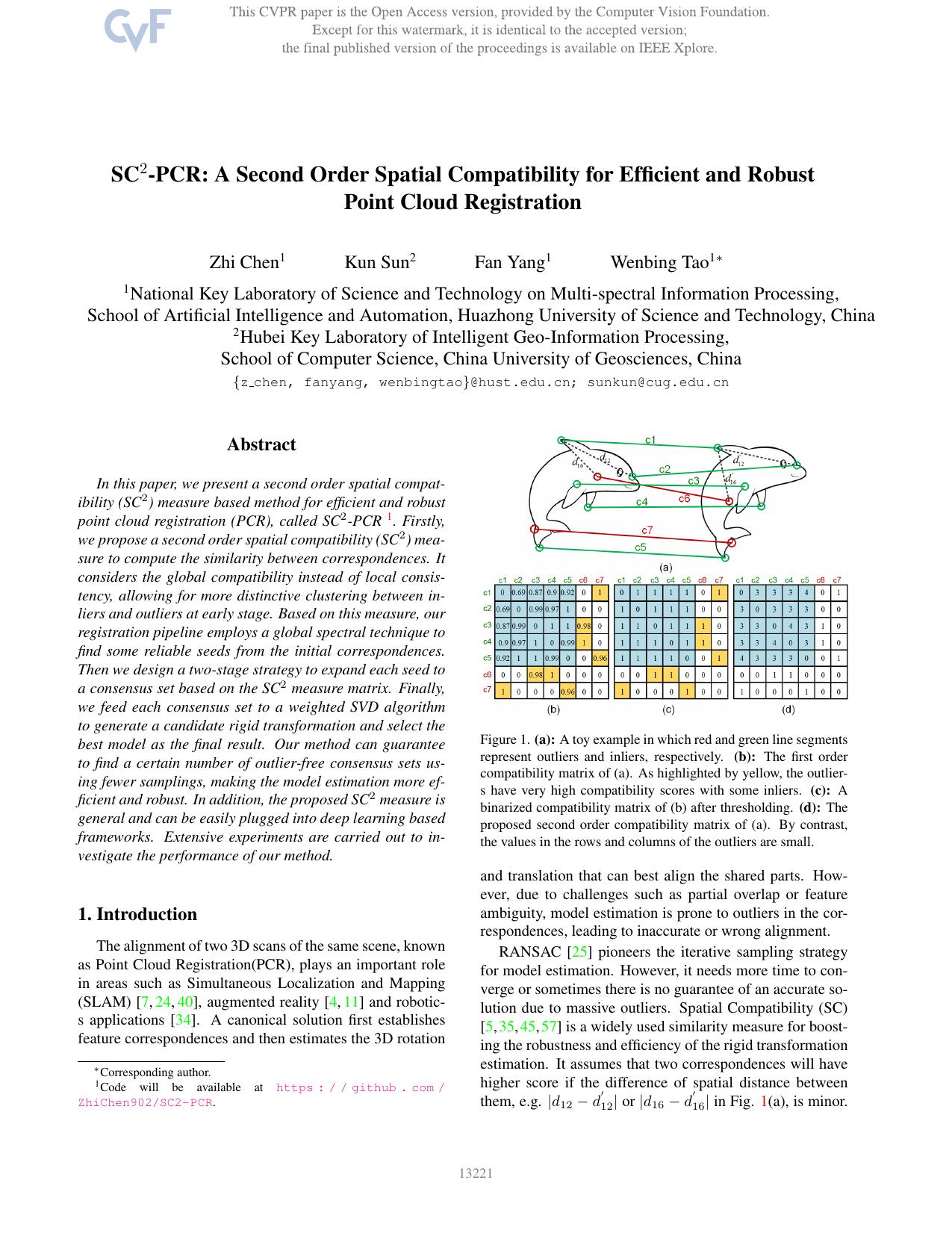SC2-PCR: A Second Order Spatial Compatibility for Efficient and Robust Point Cloud Registration by Zhi Chen & Kun Sun & Fan Yang & Wenbing Tao