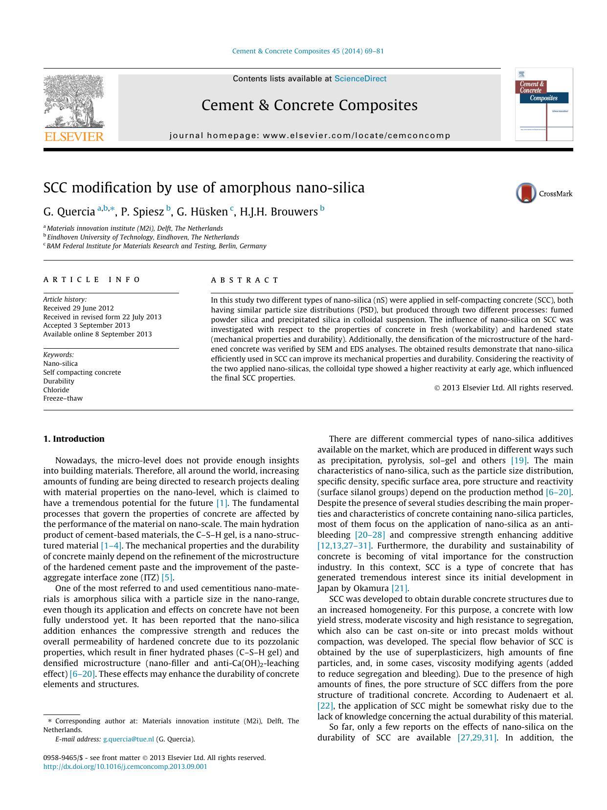 SCC modification by use of amorphous nano-silica by G. Quercia & P. Spiesz & G. Hüsken & H.J.H. Brouwers