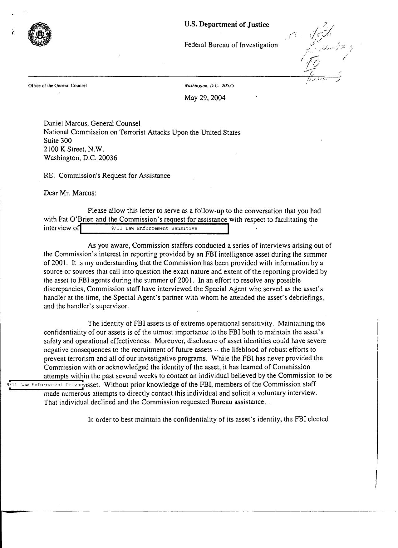 SD B2 FBI Fdr- 5-29-04 Letter from Sinton re Interview Request w FBI Intelligence Asset 764 by Unknown