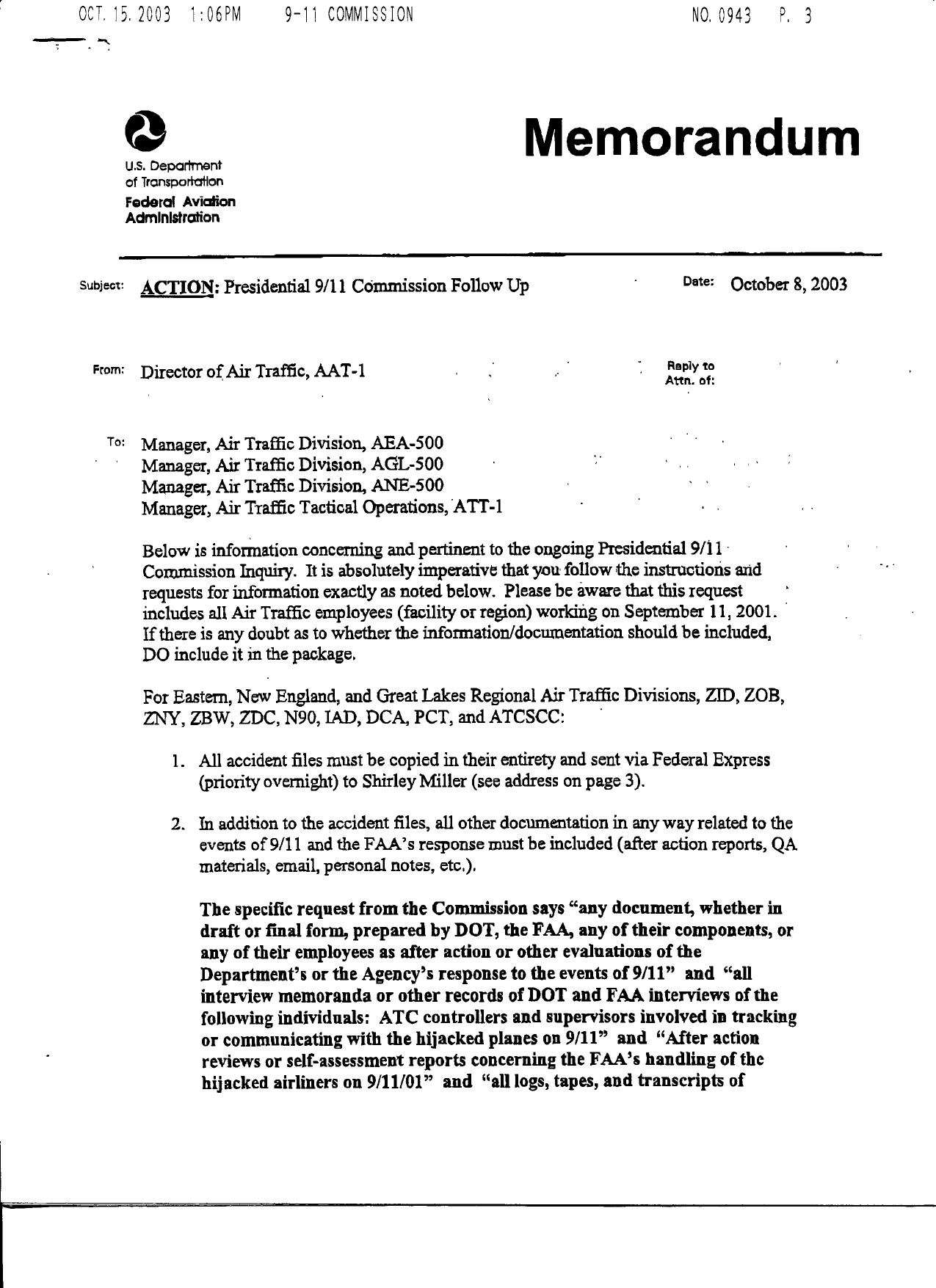 SD B5 Dept of Transportation Fdr- FAA Memo to ATC Managers re Doc Production 407 by Unknown