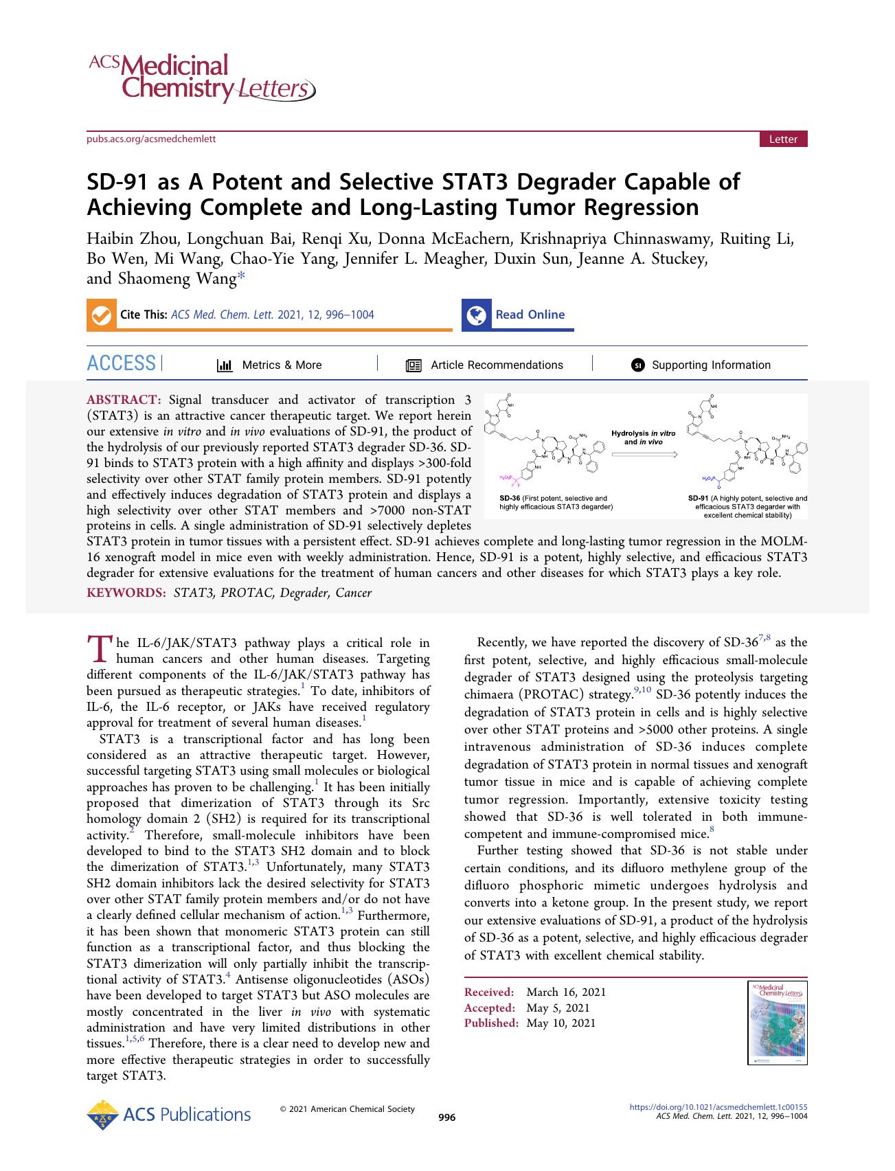 SD-91 as A Potent and Selective STAT3 Degrader Capable of Achieving Complete and Long-Lasting Tumor Regression by unknow