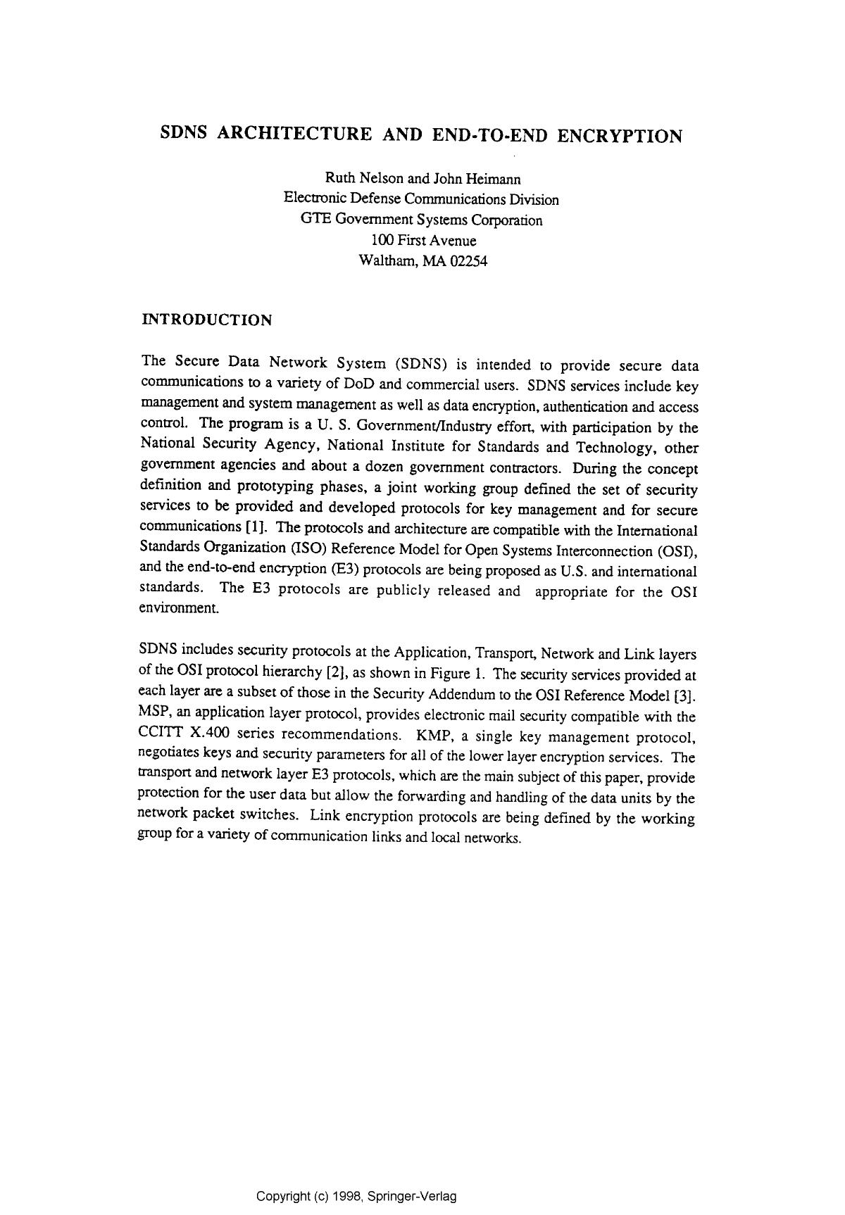 SDNS architecture and end-to-end encryption by Nelson R. & Heimann J