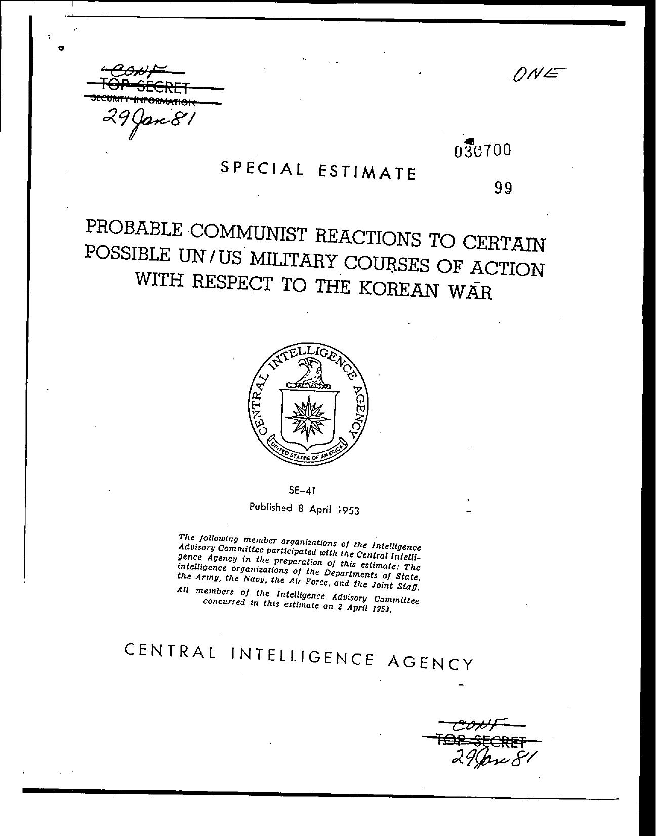 SE-41 Probable Communist Reactions to Certain Possible UN US Military Courses of Action With Respect to the Korean War by Unknown