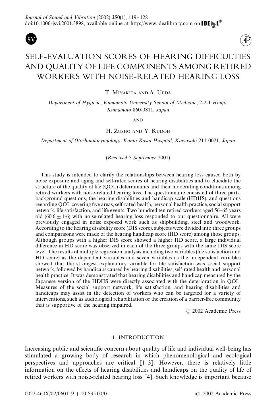 SELF-EVALUATION SCORES OF HEARING DIFFICULTIES AND QUALITY OF LIFE COMPONENTS AMONG RETIRED WORKERS WITH NOISE-RELATED HEARING LOSS by MIYAKITA T. et al