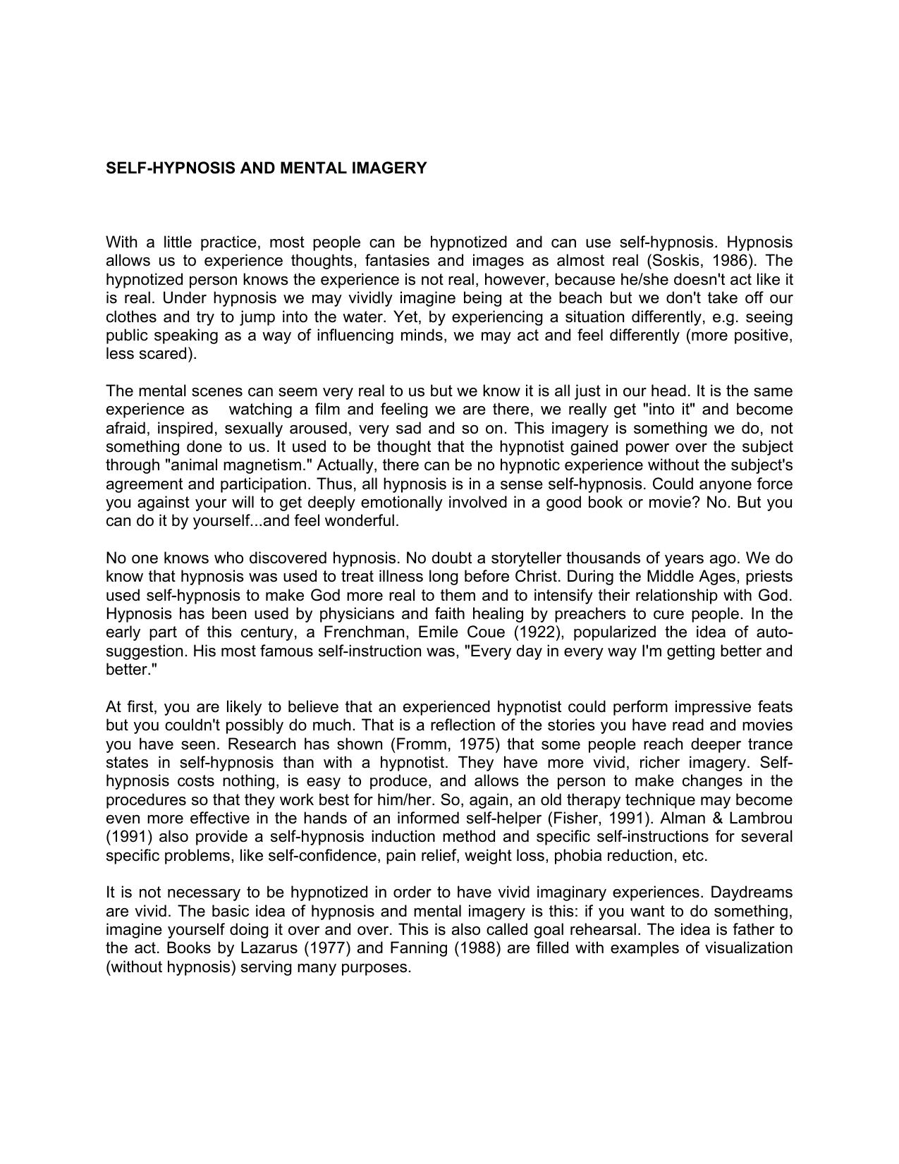SELF-HYPNOSIS AND MENTAL IMAGERY by pdf) Hypnosis & Mental Imagery