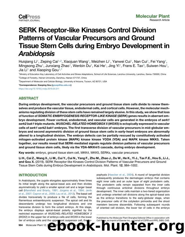 SERK Receptor-like Kinases Control Division Patterns of Vascular Precursors and Ground Tissue Stem Cells during Embryo Development in Arabidopsis by unknow