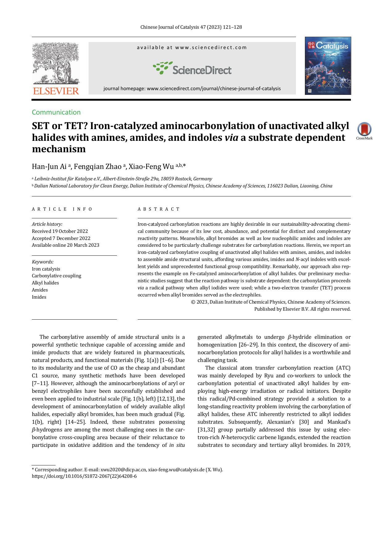 SET or TET? Iron-catalyzed aminocarbonylation of unactivated alkyl halides with amines, amides, and indoles via a substrate dependent mechanism by Han-Jun Ai & Fengqian Zhao & Xiao-Feng Wu