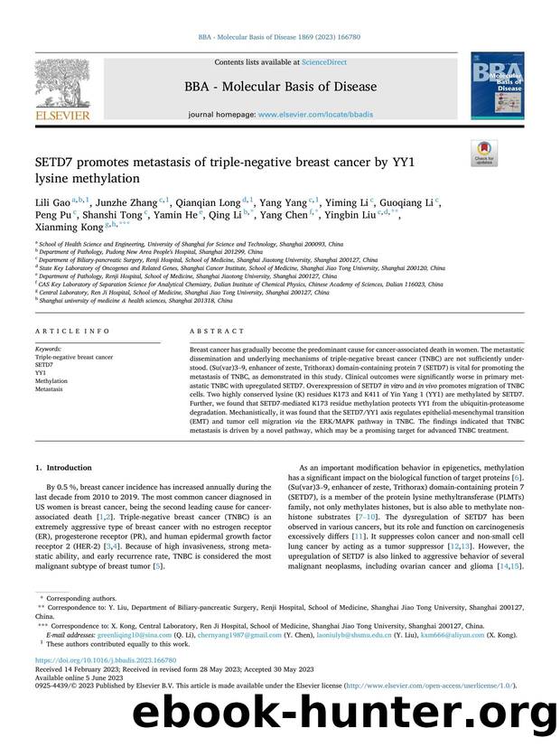 SETD7 promotes metastasis of triple-negative breast cancer by YY1 lysine methylation by unknow