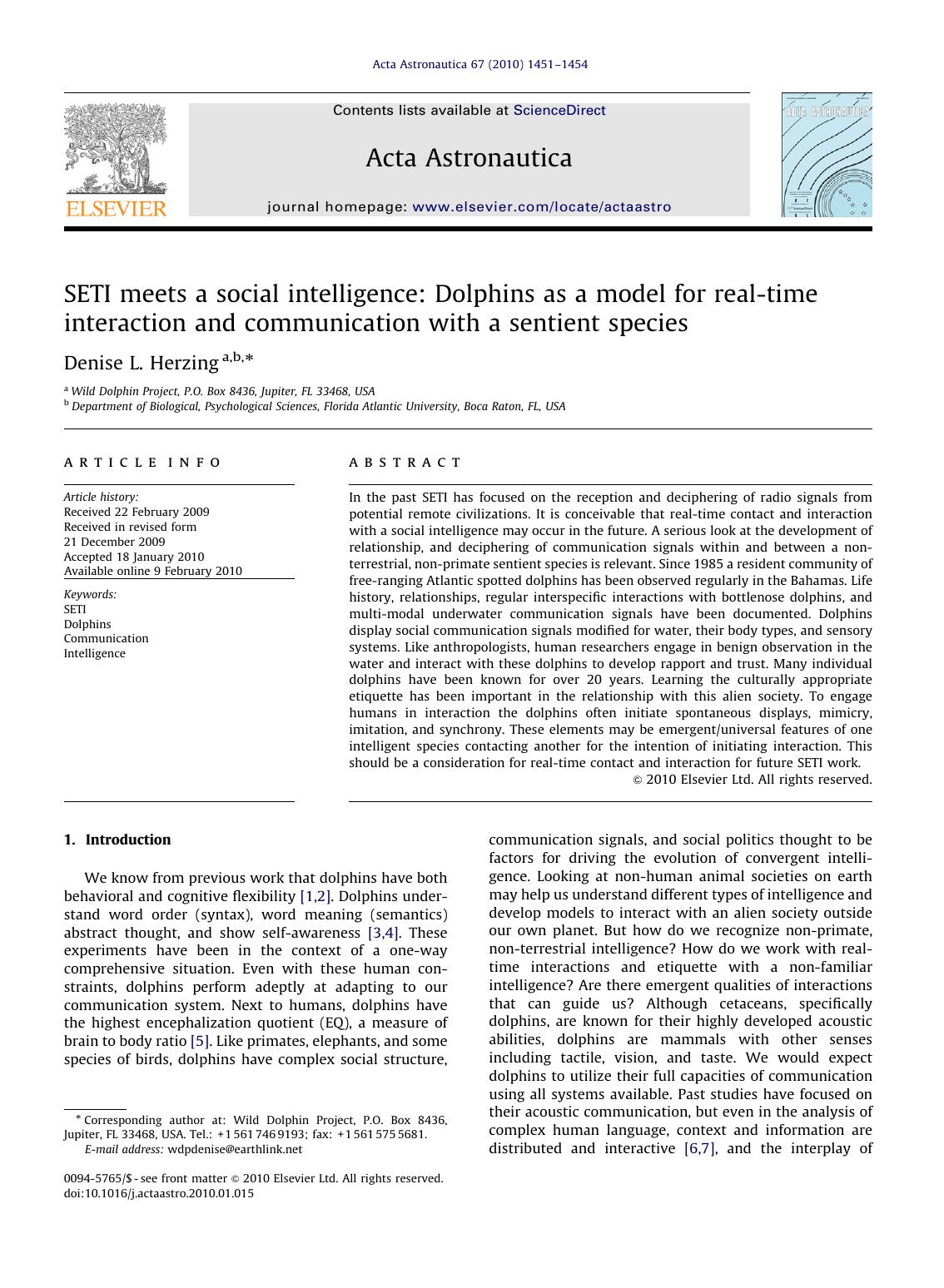 SETI meets a social intelligence Dolphins as a model for real-time interaction and communication with a sentient species by Denise L. Herzing