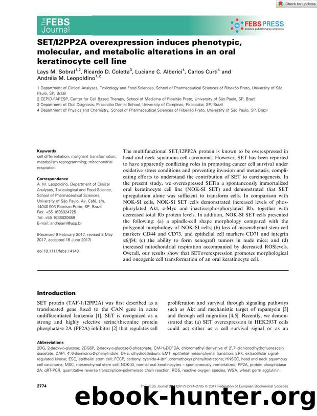 SETI2PP2A overexpression induces phenotypic, molecular, and metabolic alterations in an oral keratinocyte cell line by Unknown