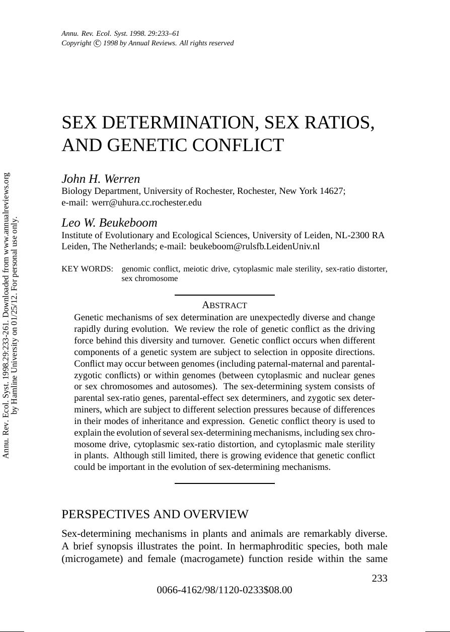 SEX DETERMINATION, SEX RATIOS, AND GENETIC CONFLICT by John H. Werren Leo W. Beukeboom
