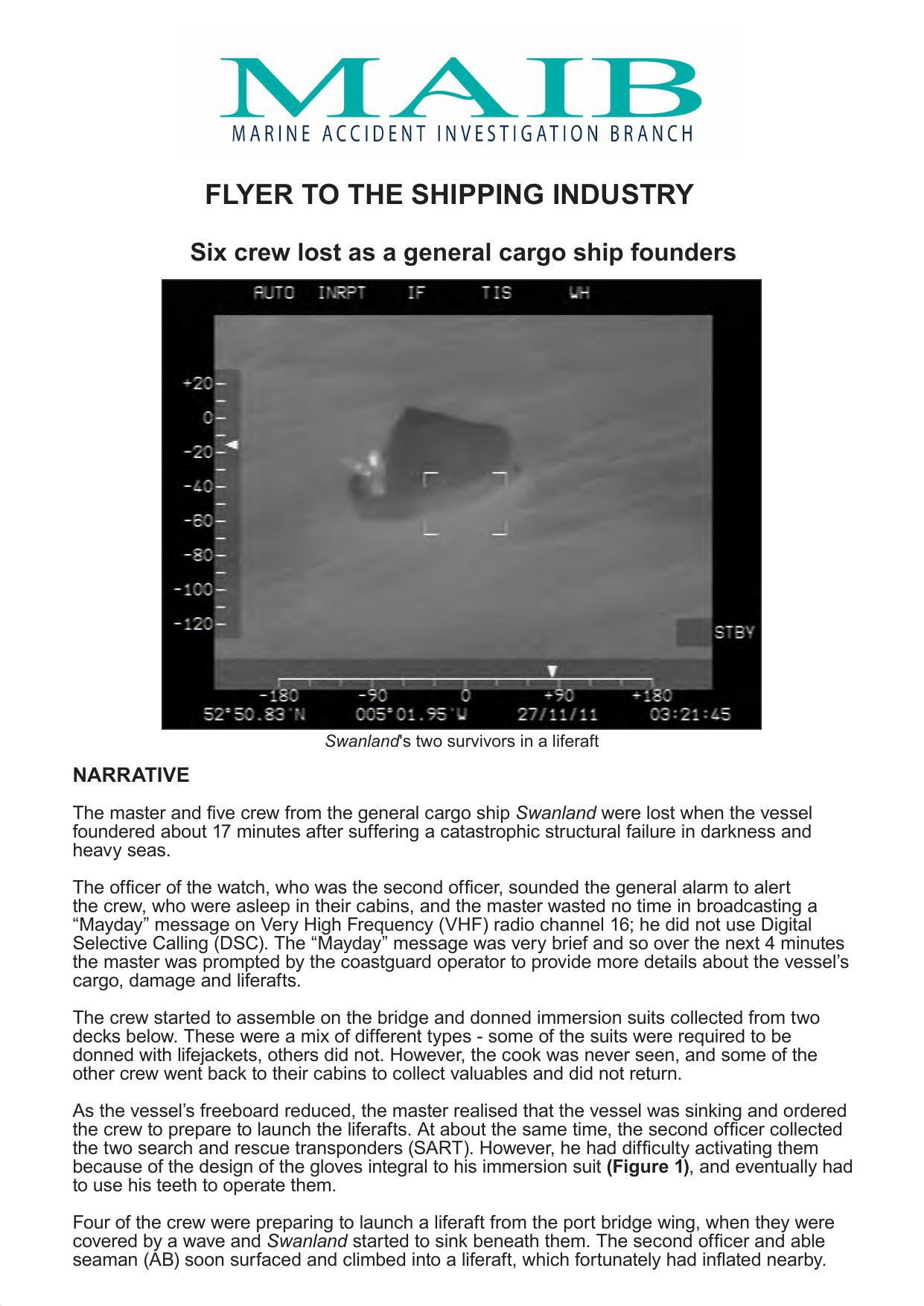 SF02-2013 - Summary of the abandonment from cargo ship Swanland with 6 lives lost highlighting factors that can improve chances of survival. by Redistributed by Regs4ships Ltd