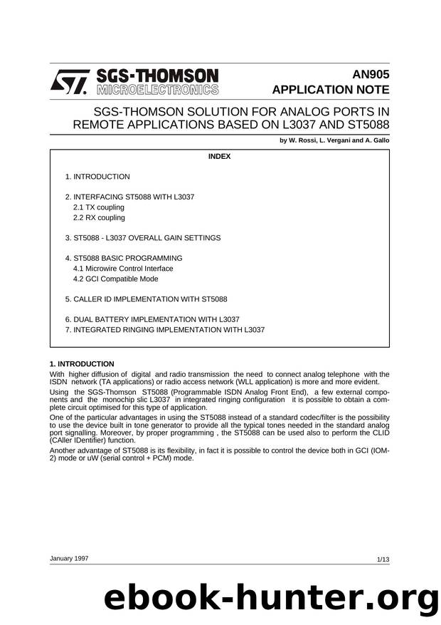 SGS-THOMSON SOLUTION FOR ANALOG PORTS IN REMOTE APPLICATIONS BASED ON L3037 AND ST5088 by SGS-THOMSON Microelectronics