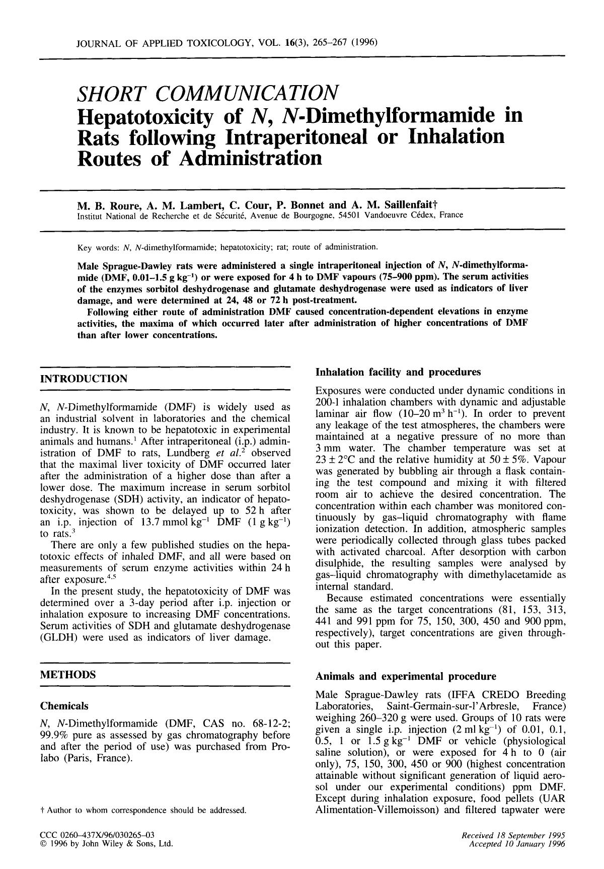 SHORT COMMUNICATION Hepatotoxicity of N, N-Dimethylformamide in Rats following Intraperitoneal or Inhalation Routes of Administration by Unknown
