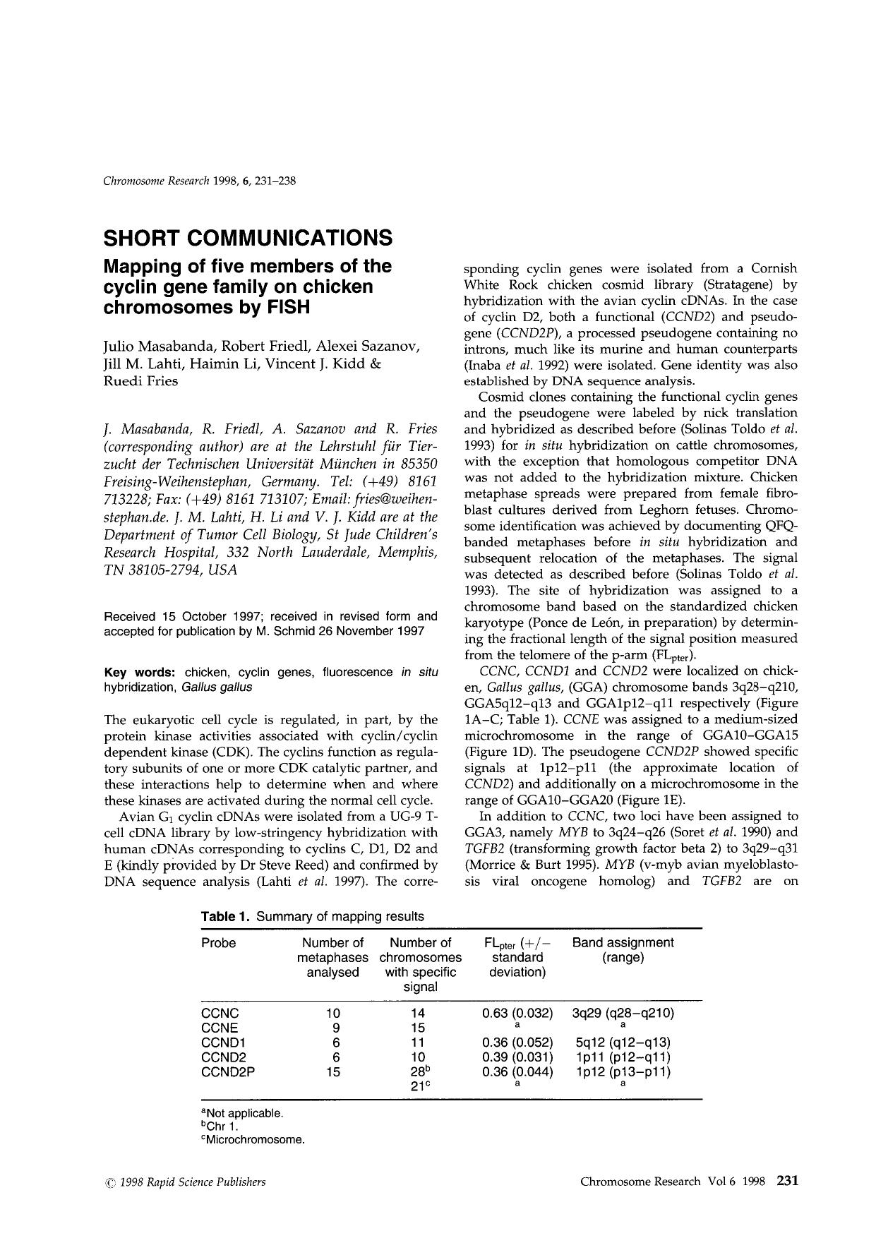 SHORT COMMUNICATIONS. Mapping of five members of the cyclin gene family on chicken chromosomes by FISH by Unknown