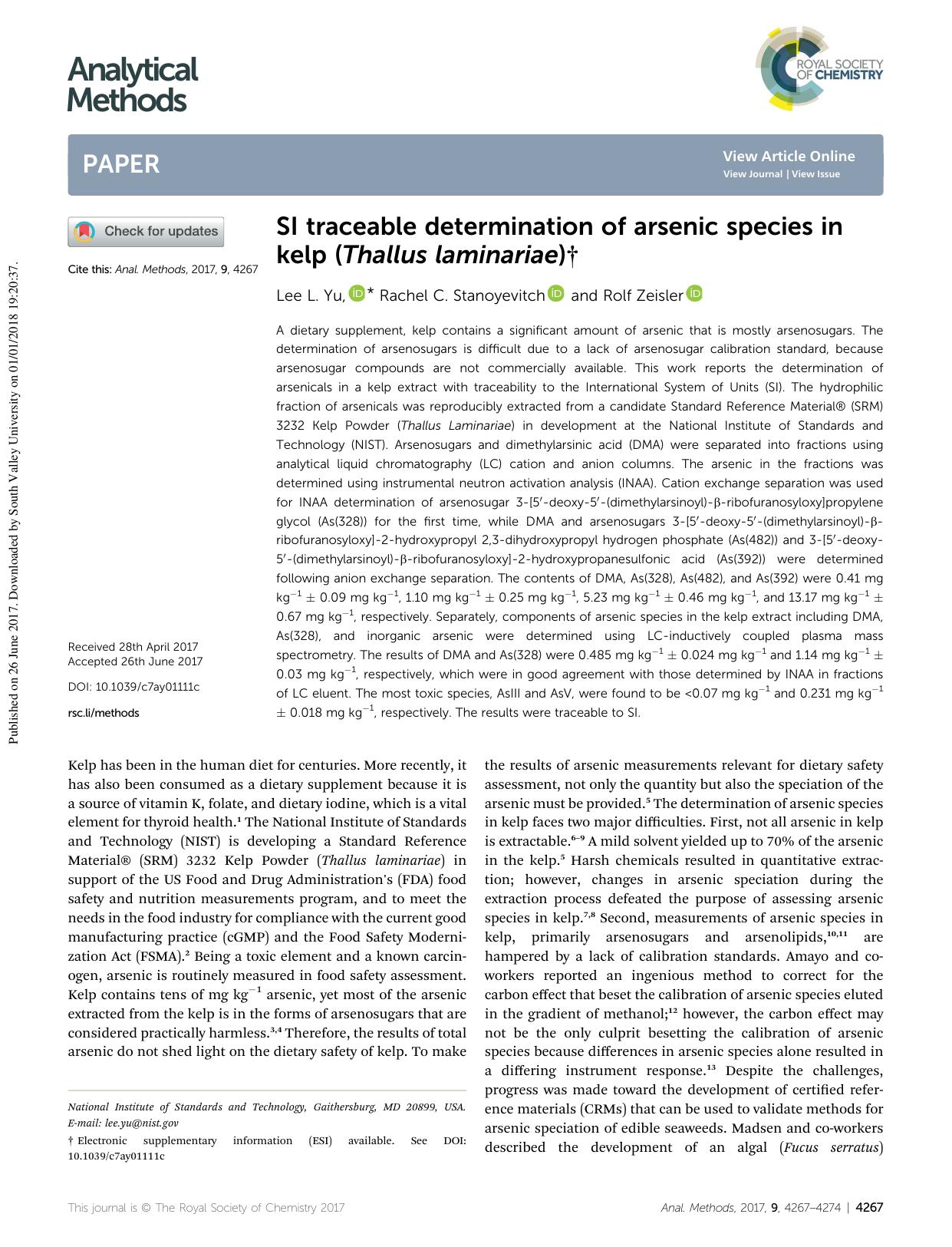 SI traceable determination of arsenic species in kelp (Thallus laminariae) by Lee L. Yu & Rachel C. Stanoyevitch & Rolf Zeisler