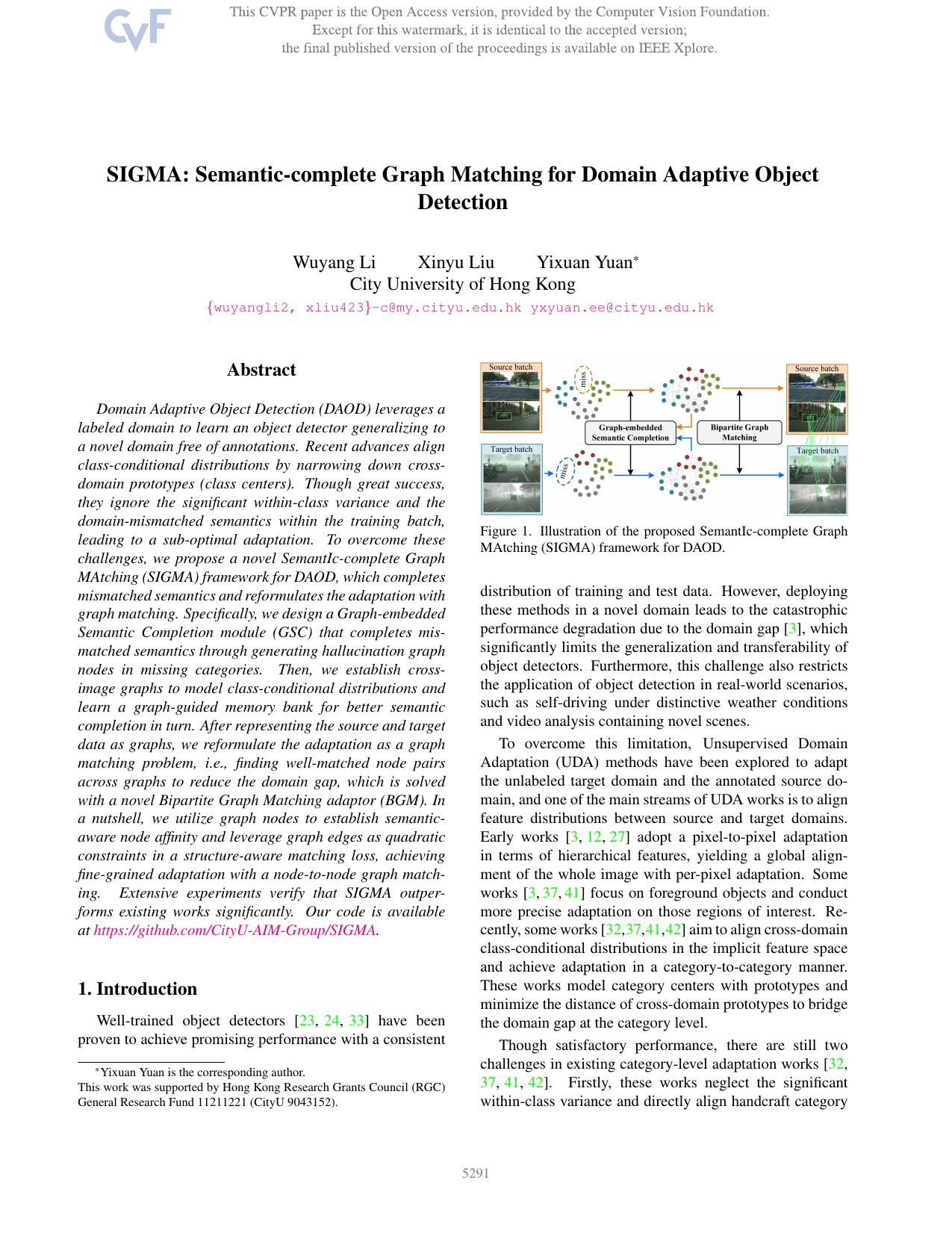 SIGMA: Semantic-Complete Graph Matching for Domain Adaptive Object Detection by Wuyang Li & Xinyu Liu & Yixuan Yuan