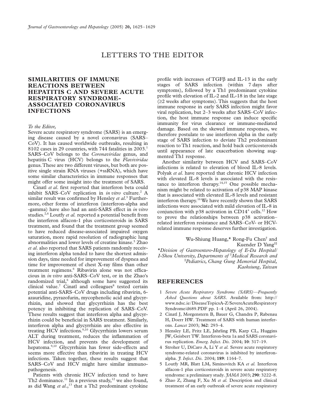 SIMILARITIES OF IMMUNE REACTIONS BETWEEN HEPATITIS C AND SEVERE ACUTE RESPIRATORY SYNDROME-ASSOCIATED CORONAVIRUS INFECTIONS by Crystal