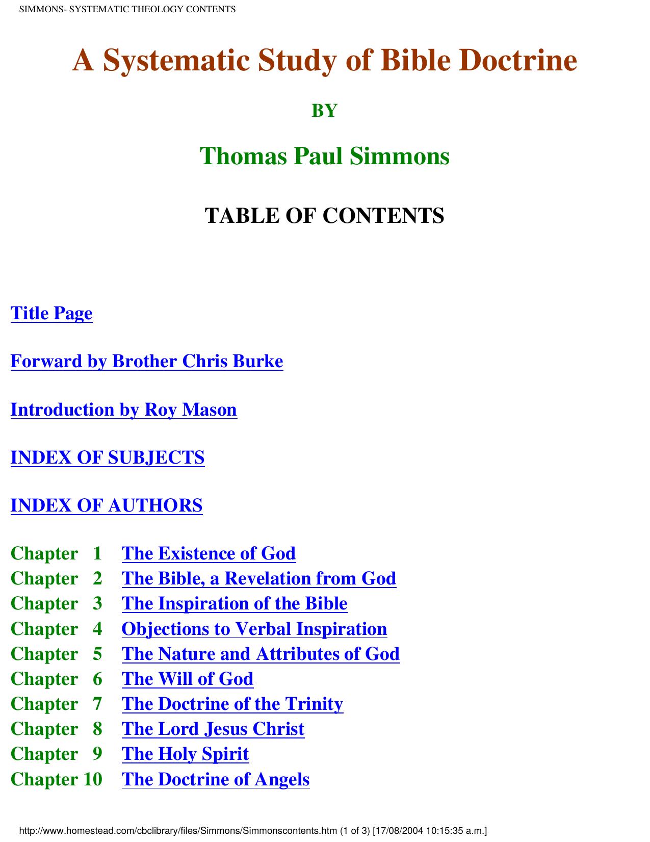 SIMMONS- SYSTEMATIC THEOLOGY CONTENTS by Systematic Study of Bible Doctrine