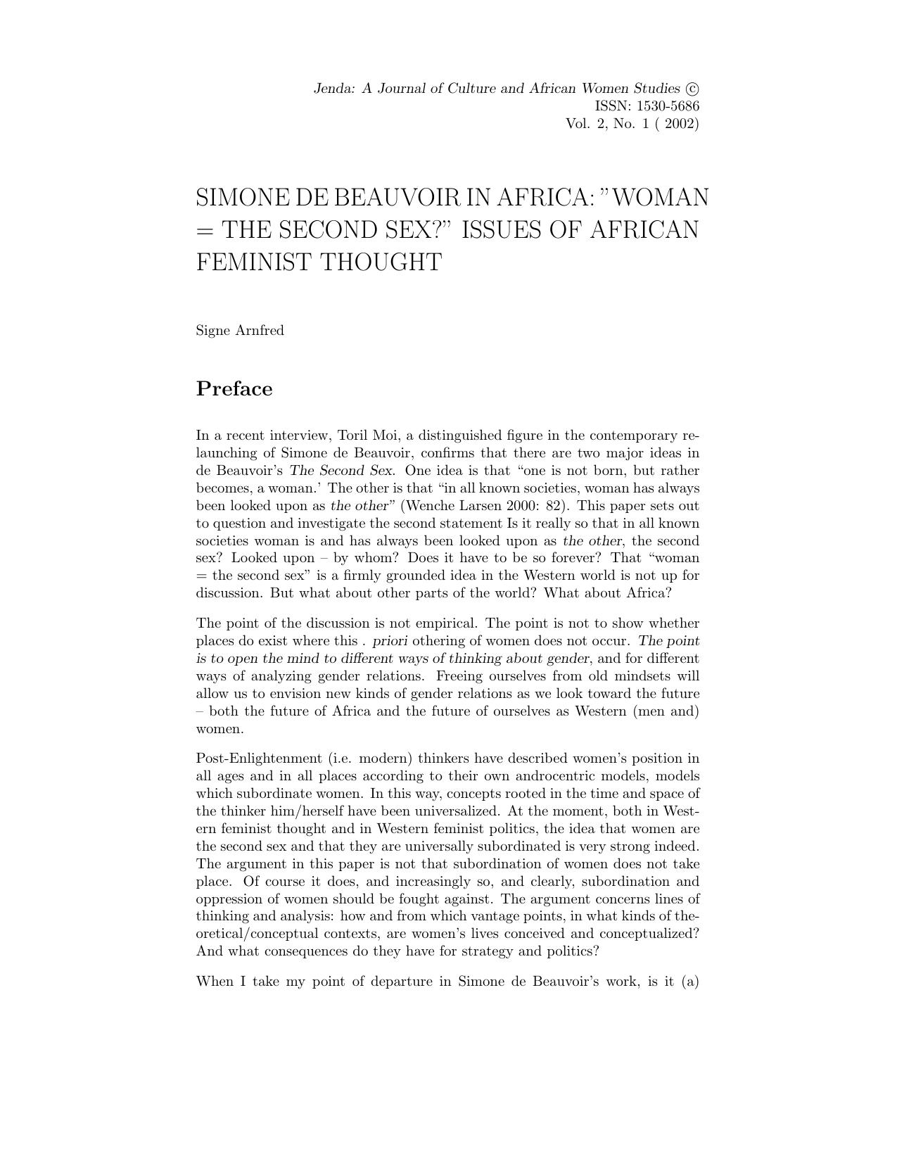 SIMONE DE BEAUVOIR IN AFRICA: "WOMAN = THE SECOND SEX?" ISSUES OF AFRICAN FEMINIST THOUGHT by Unknown