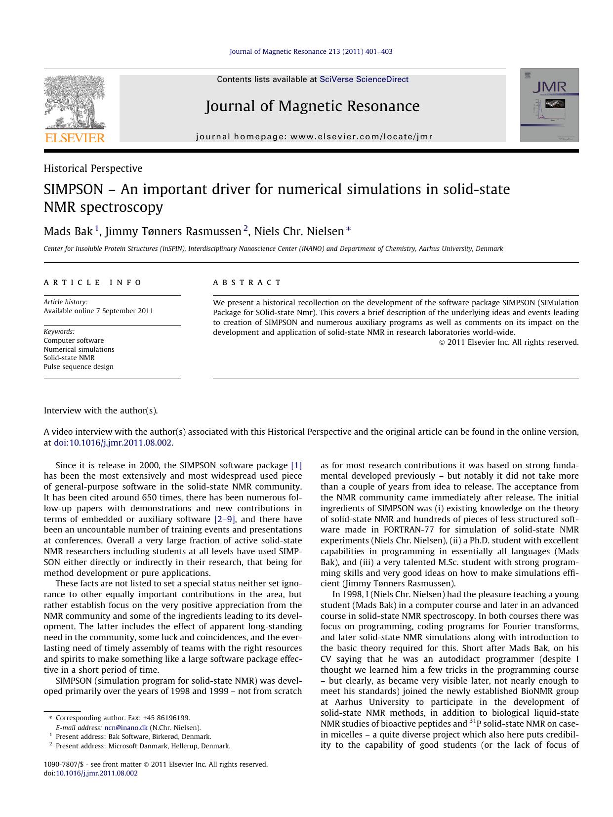SIMPSON Ã¢â¬â An important driver for numerical simulations in solid-state NMR spectroscopy by Mads Bak & Jimmy Tønners Rasmussen & Niels Chr. Nielsen