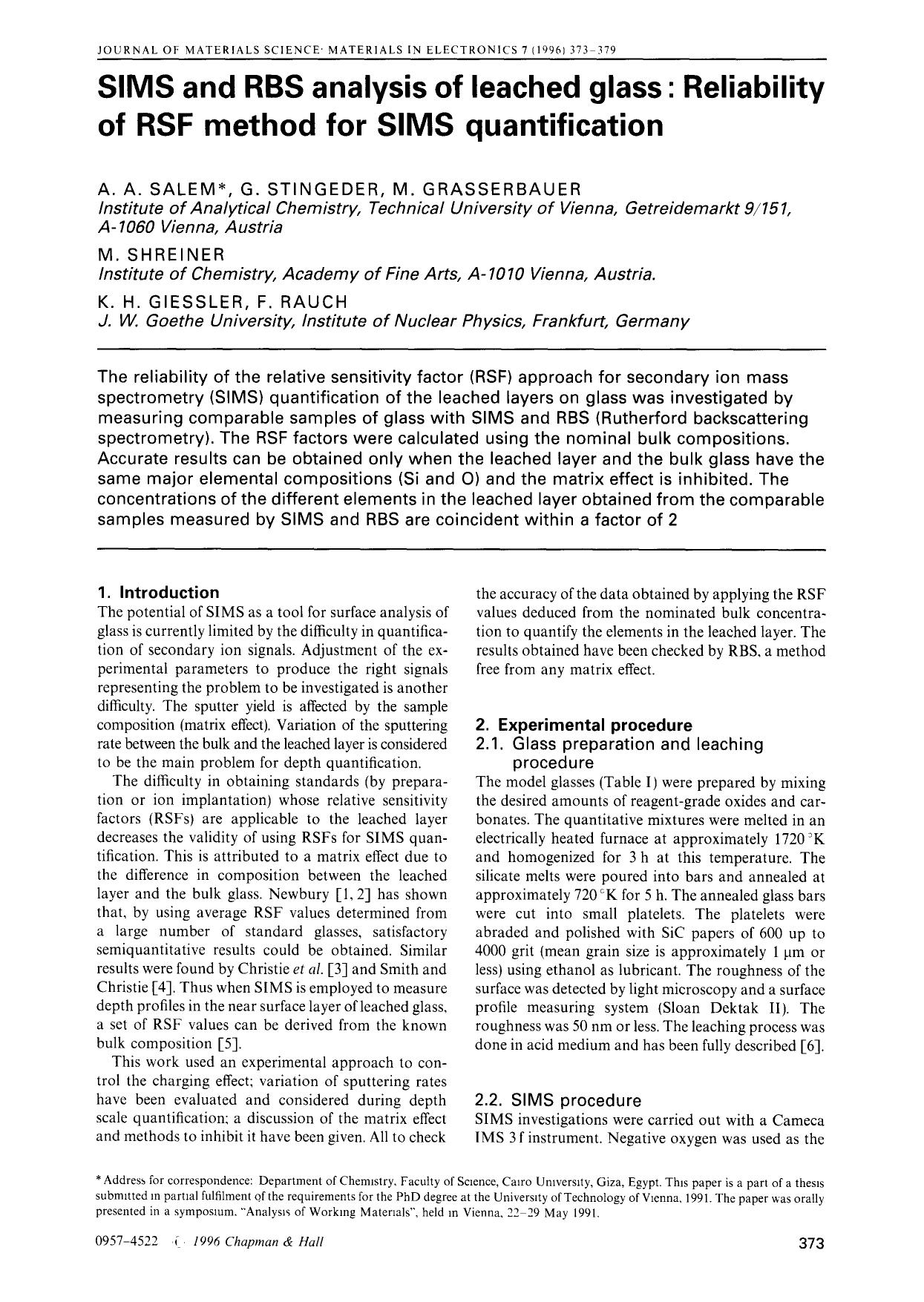 SIMS and RBS analysis of leached glass: Reliability of RSF method for SIMS quantification by Unknown