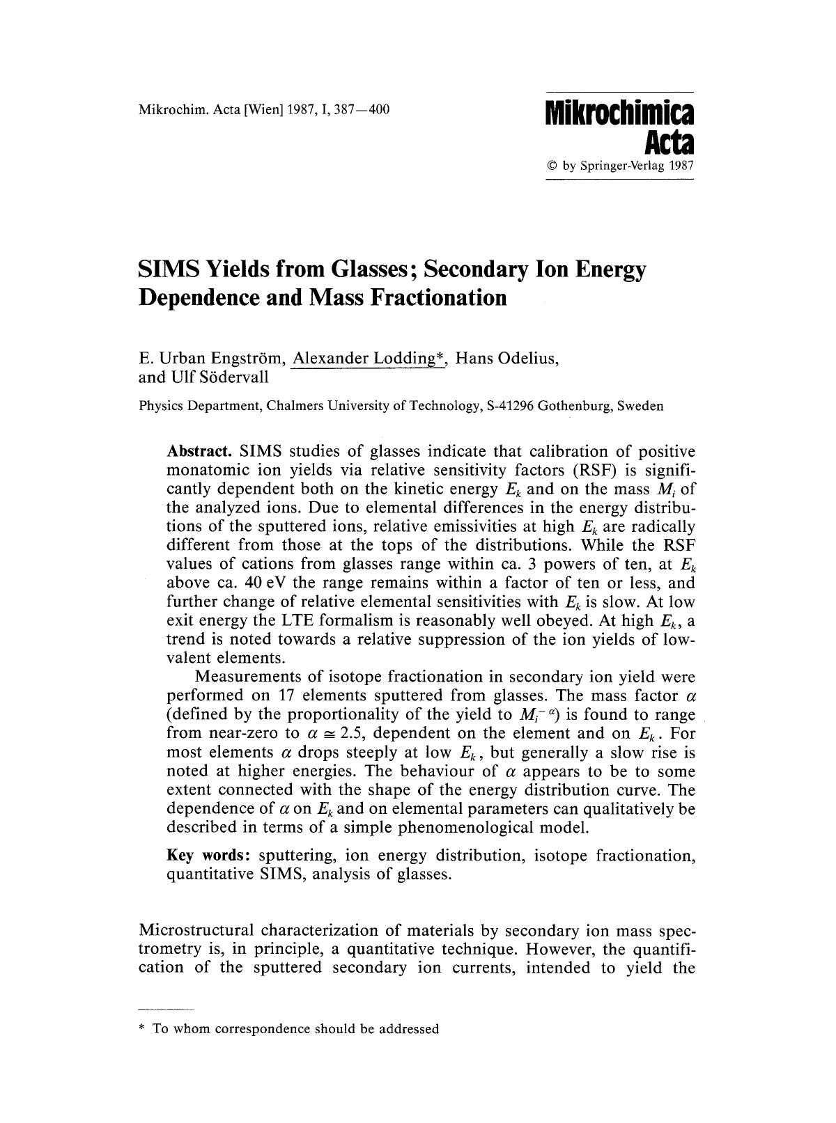 SIMS yields from glasses; secondary ion energy dependence and mass fractionation by Unknown