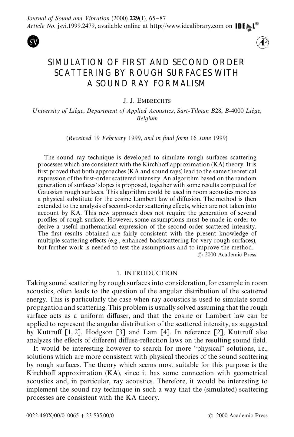 SIMULATION OF FIRST AND SECOND ORDER SCATTERING BY ROUGH SURFACES WITH A SOUND RAY FORMALISM by EMBRECHTS J. J