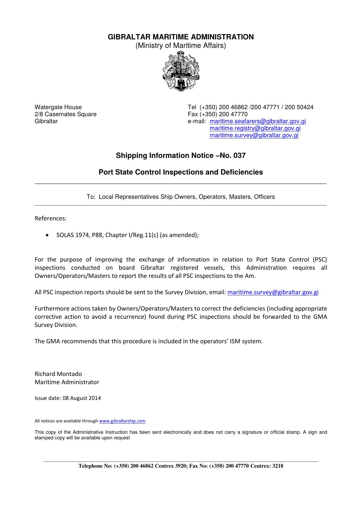SIN-037-2014 by Maritime Administrator